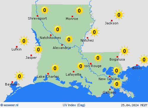 uv index Louisiana Noord-Amerika Weerkaarten
