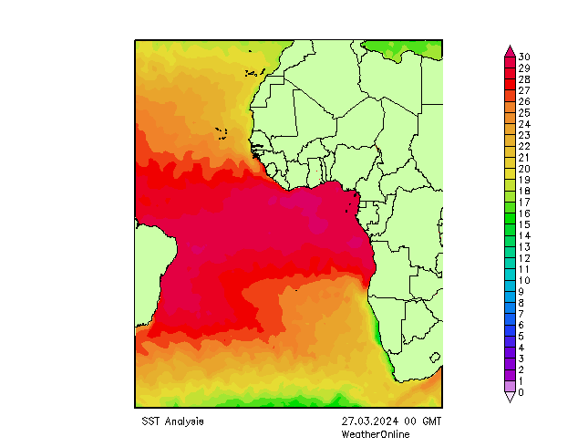 Atlantische Oceaan SST wo 27.03.2024 00 UTC