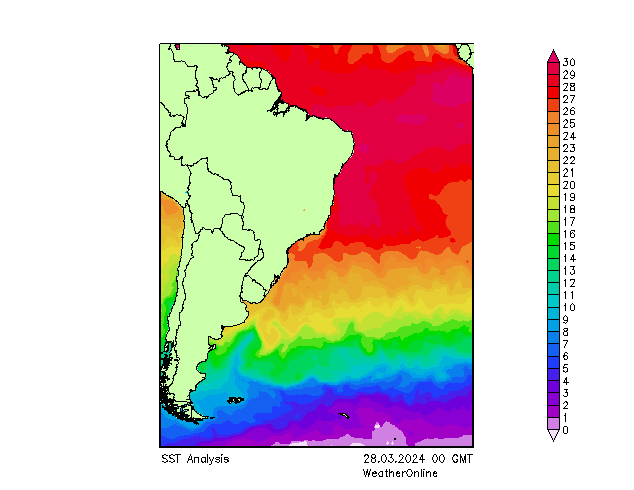 Atlantische Oceaan SST do 28.03.2024 00 UTC