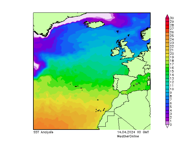 Atlantische Oceaan SST zo 14.04.2024 00 UTC