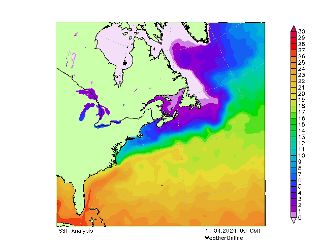 Atlantische Oceaan SST vr 19.04.2024 00 UTC