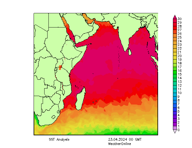 Indische Oceaan SST di 23.04.2024 00 UTC