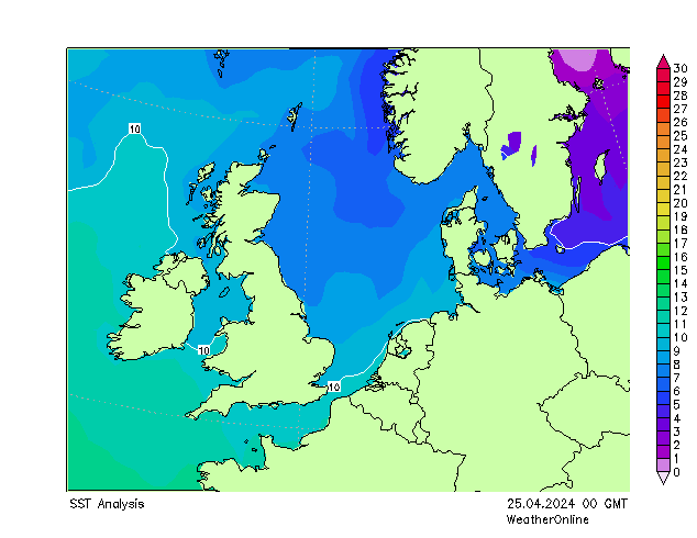 Noordzee SST do 25.04.2024 00 UTC