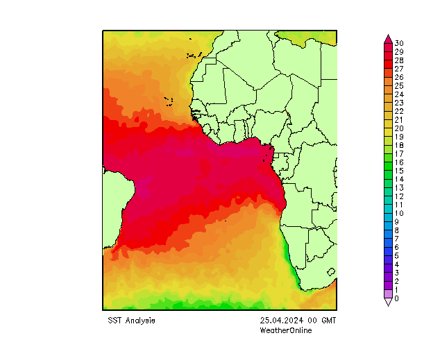 Atlantische Oceaan SST do 25.04.2024 00 UTC