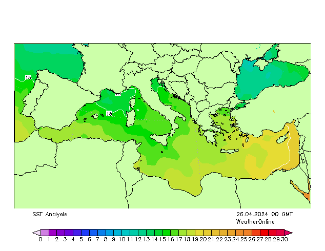 Middellandse Zee SST vr 26.04.2024 00 UTC