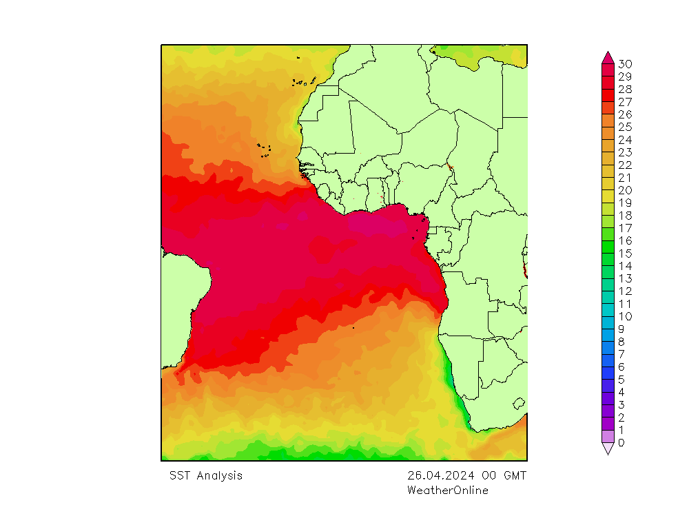 Atlantische Oceaan SST vr 26.04.2024 00 UTC