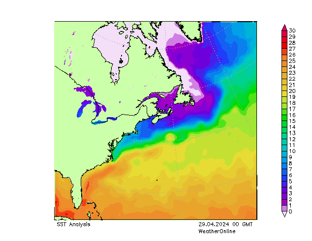 Atlantische Oceaan SST ma 29.04.2024 00 UTC