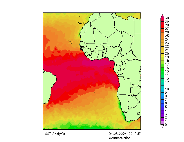 Atlantische Oceaan SST za 04.05.2024 00 UTC