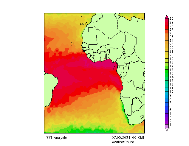 Atlantische Oceaan SST di 07.05.2024 00 UTC