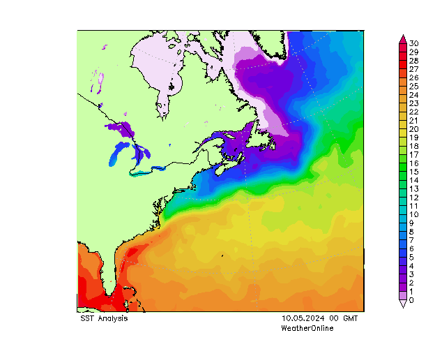 Atlantische Oceaan SST vr 10.05.2024 00 UTC