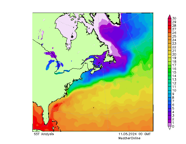 Atlantische Oceaan SST za 11.05.2024 00 UTC