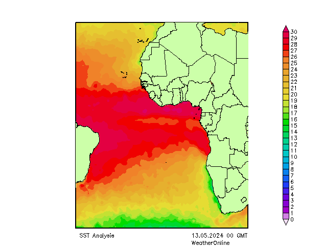 Atlantische Oceaan SST ma 13.05.2024 00 UTC