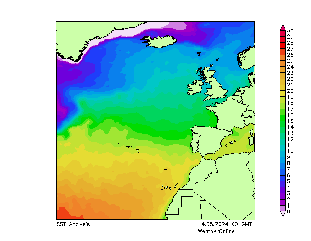 Atlantische Oceaan SST di 14.05.2024 00 UTC