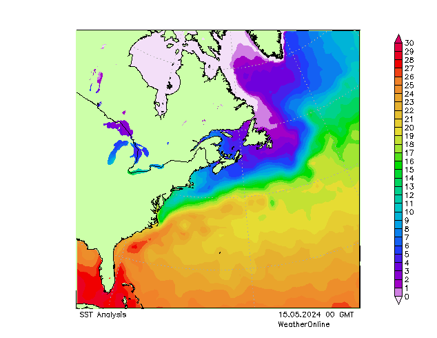Atlantische Oceaan SST wo 15.05.2024 00 UTC