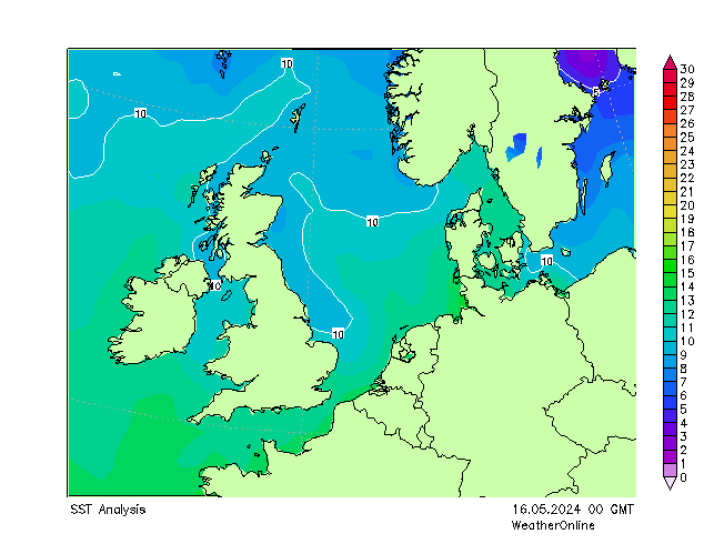 Noordzee SST do 16.05.2024 00 UTC