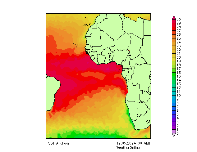 Atlantische Oceaan SST zo 19.05.2024 00 UTC