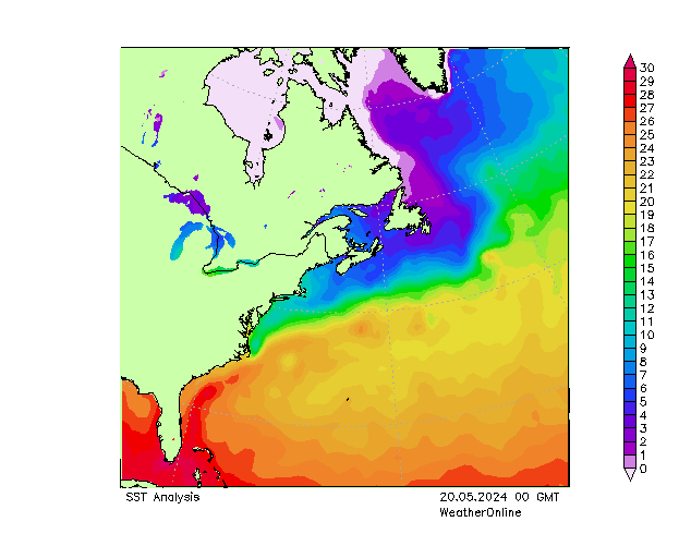 Atlantische Oceaan SST ma 20.05.2024 00 UTC