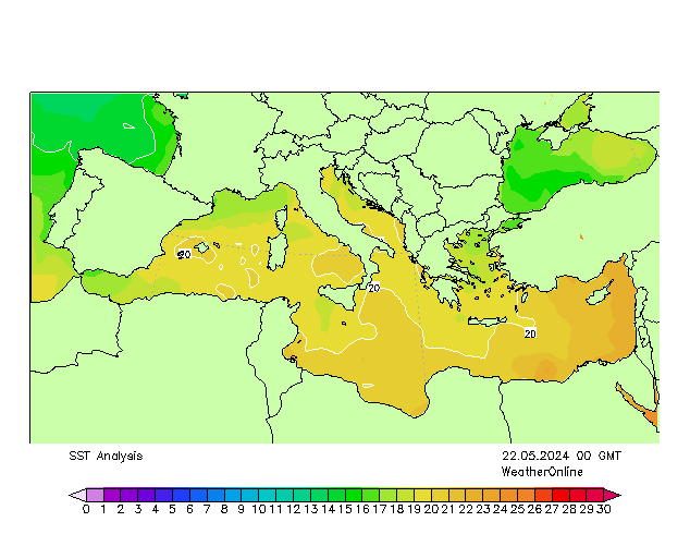 Middellandse Zee SST wo 22.05.2024 00 UTC