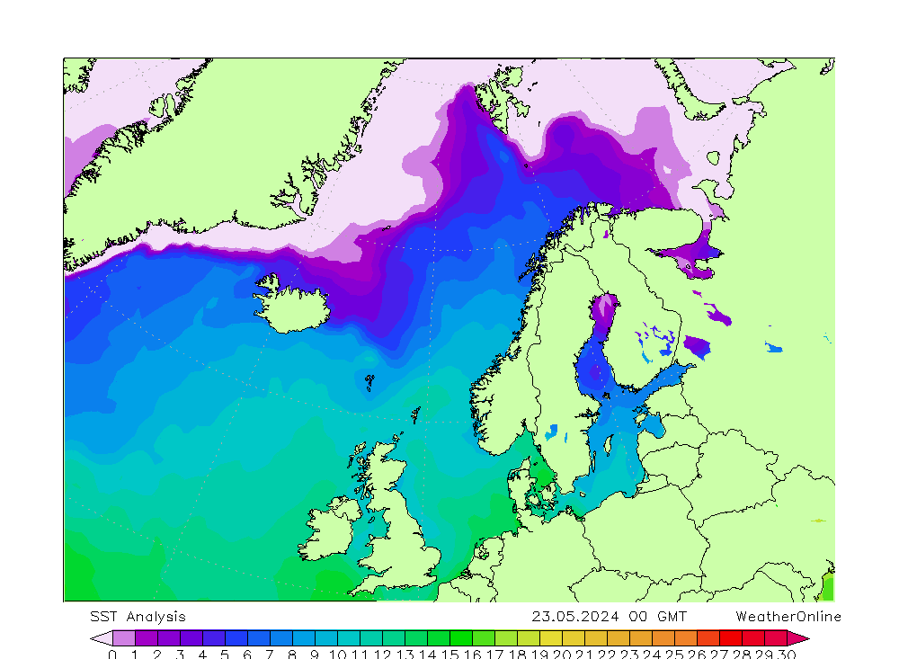 Atlantic North SST do 23.05.2024 00 UTC