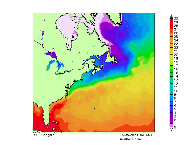 Atlantische Oceaan SST do 23.05.2024 00 UTC