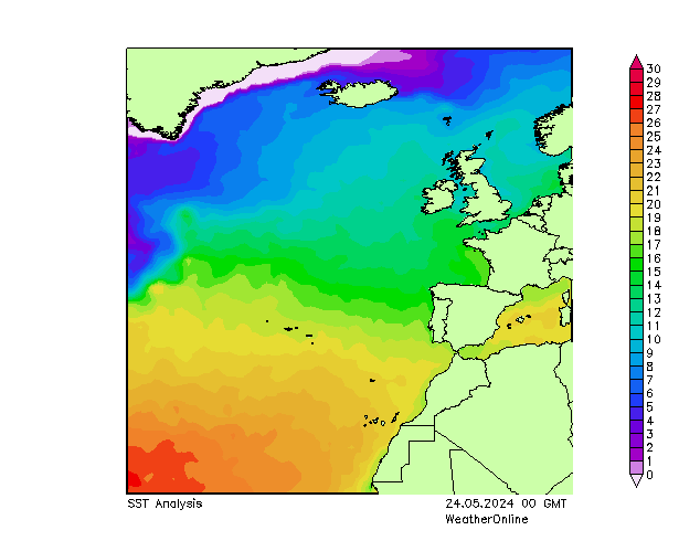 Atlantische Oceaan SST vr 24.05.2024 00 UTC
