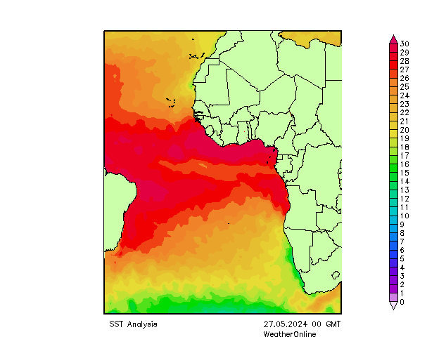 Atlantische Oceaan SST ma 27.05.2024 00 UTC