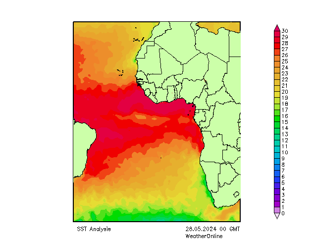 Atlantische Oceaan SST di 28.05.2024 00 UTC