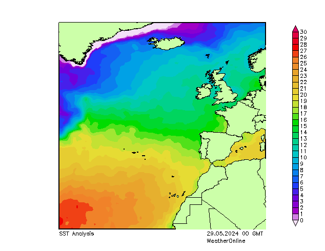Atlantische Oceaan SST wo 29.05.2024 00 UTC
