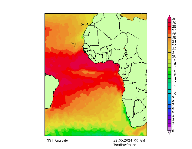 Atlantische Oceaan SST wo 29.05.2024 00 UTC