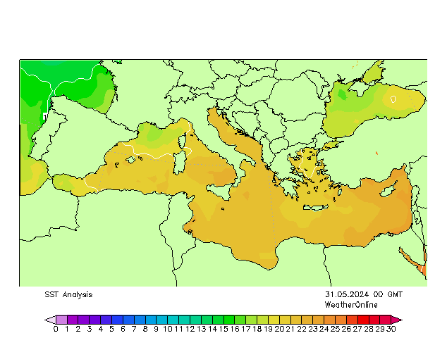 Middellandse Zee SST vr 31.05.2024 00 UTC