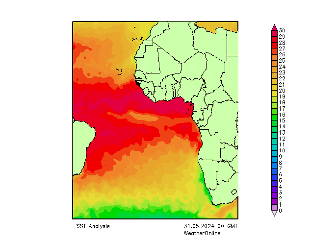 Atlantische Oceaan SST vr 31.05.2024 00 UTC