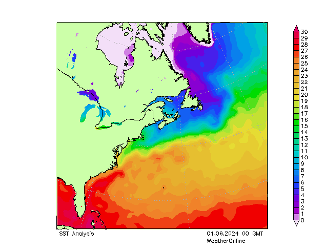 Atlantische Oceaan SST za 01.06.2024 00 UTC