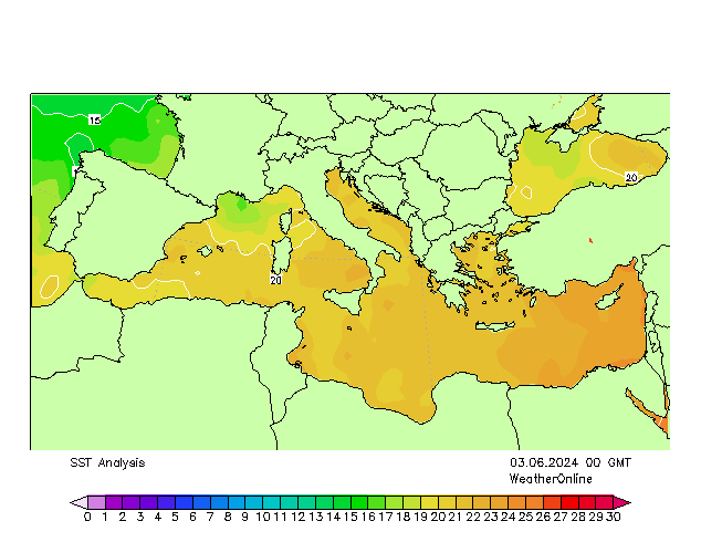 Middellandse Zee SST ma 03.06.2024 00 UTC